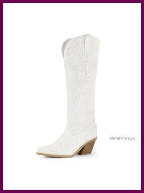Sparkly Glitter Sequin Knee High Cowboy Boots Block Heel Side Zip